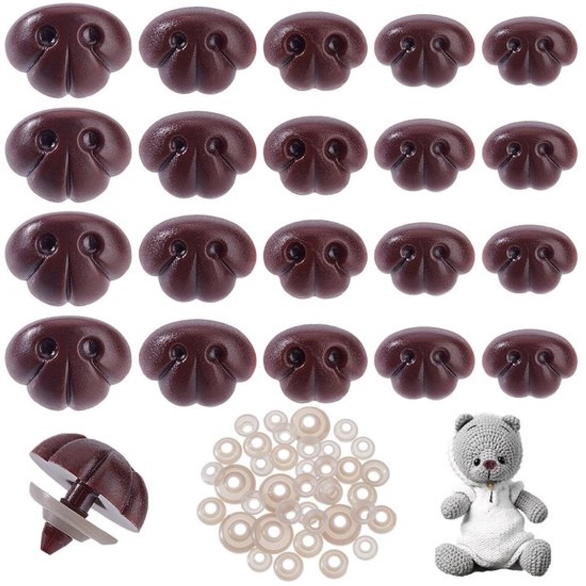 Veiligheidsneus 70 Stuks - Bruine Veiligheidsneusjes - 5 Stijlen - Afstandhouders - Maten 13mm/15mm/15.5mm/18.5mm/21.5mm - Geschikt voor Knuffels - Knutselneus