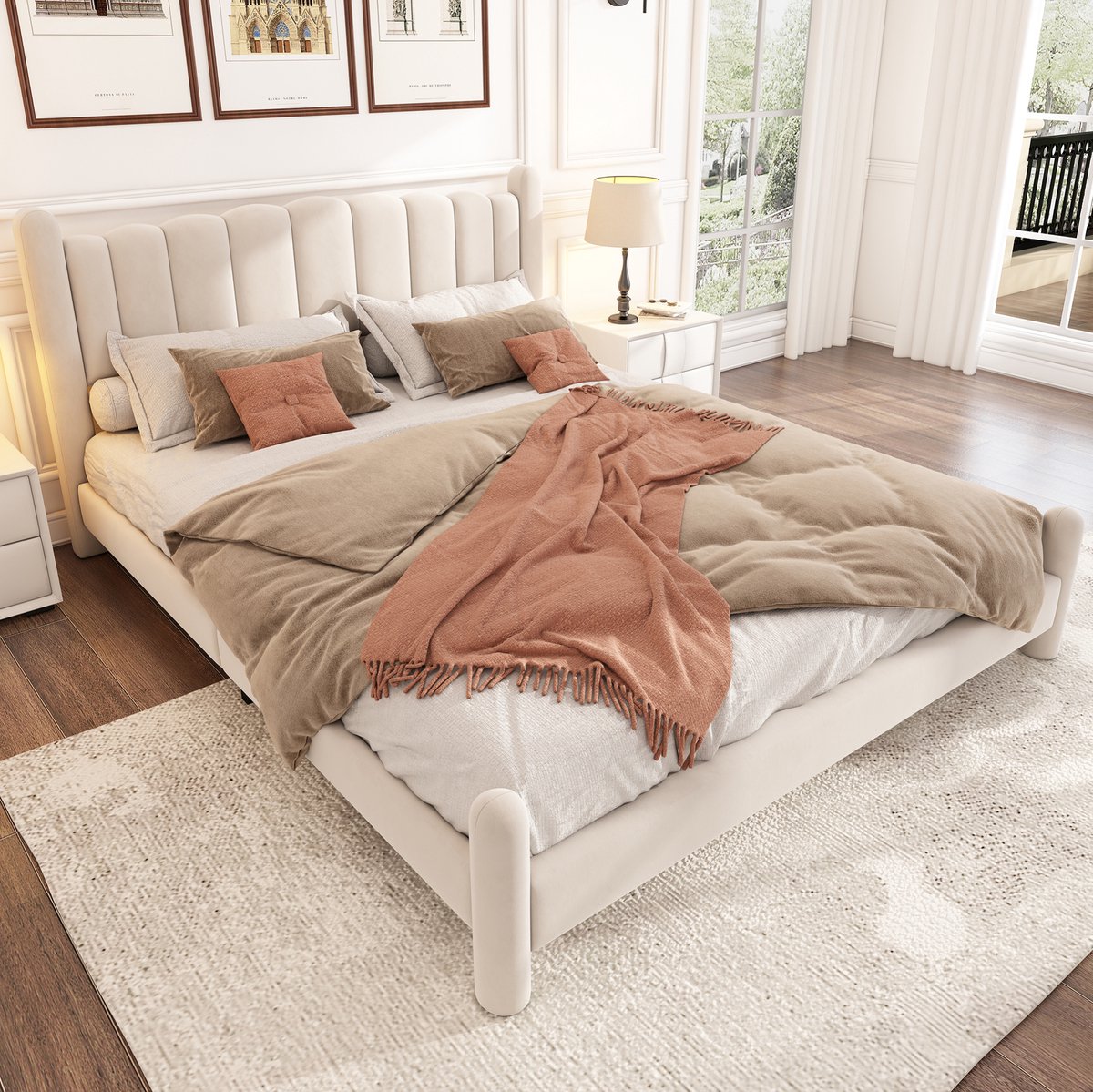 COVREO Bed 180x200 cm - beige, zacht samt, lattenbodem, zonder matras
