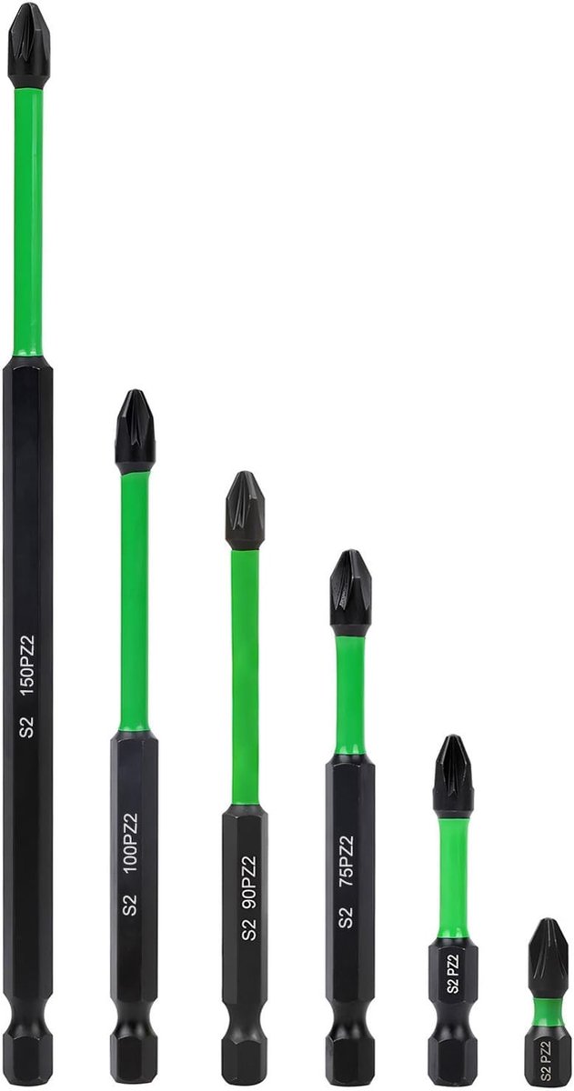 Set van 6 magnetische PZ2 schroevendraaier bits voor impact, S2 staal, 1/4 inch hex shank, ideaal voor precisiewerk en klussen