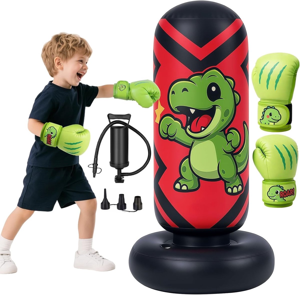 Opblaasbare Bokszak voor Kinderen van 130 cm met Bokshandschoenen en Luchtpomp, Ideaal voor Karate, Taekwondo en MMA Training, Leuke Dinosaurus Ontwerp voor Kinderen van 3-8 Jaar
