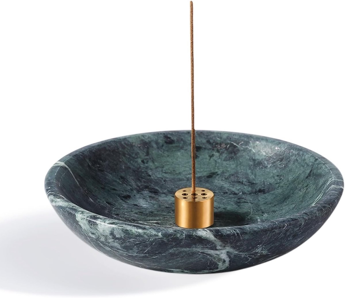 Ronde marmeren wierookstokjeshouder voor terugstroom en stokjes, 9 gaten, afneembare messing, ideaal voor yoga, meditatie en ontspanning, groen