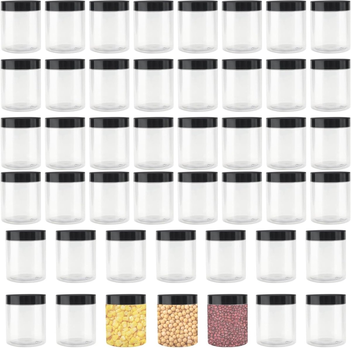 Set van 46 Stuks 250ml Doorzichtige Plastic Potjes met Zwarte Deksel voor Jams, Snoep, Specerijen en Creatieve Projecten