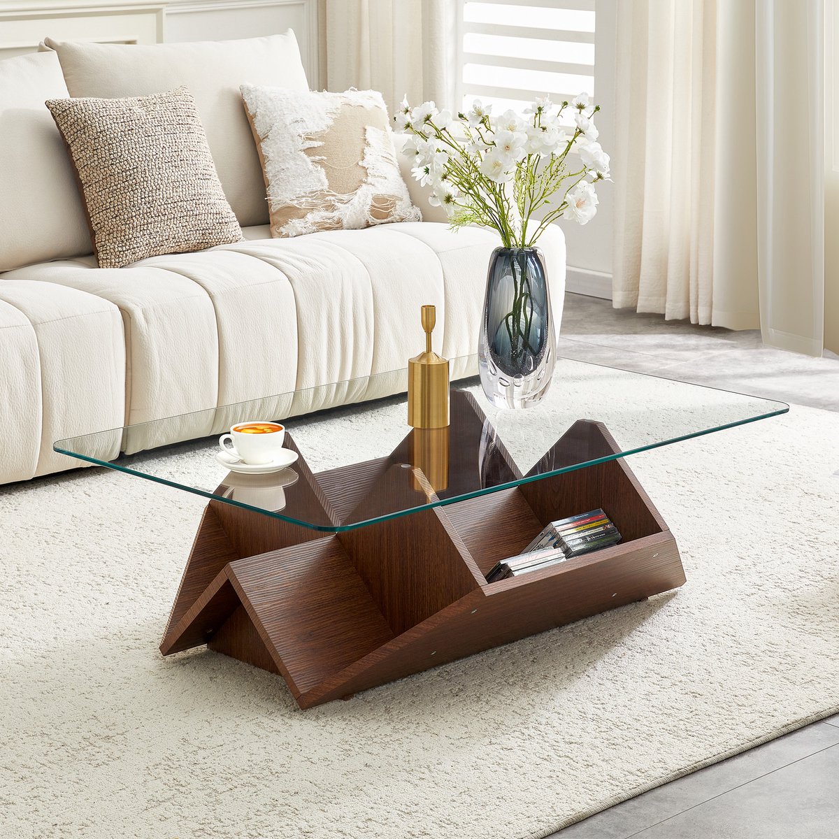 Wishdor Salontafel - Opbergruimte En Gehard Glas - Modern - Woonkamer Of Kantoor - MDF - Walnootkleur Notenhout