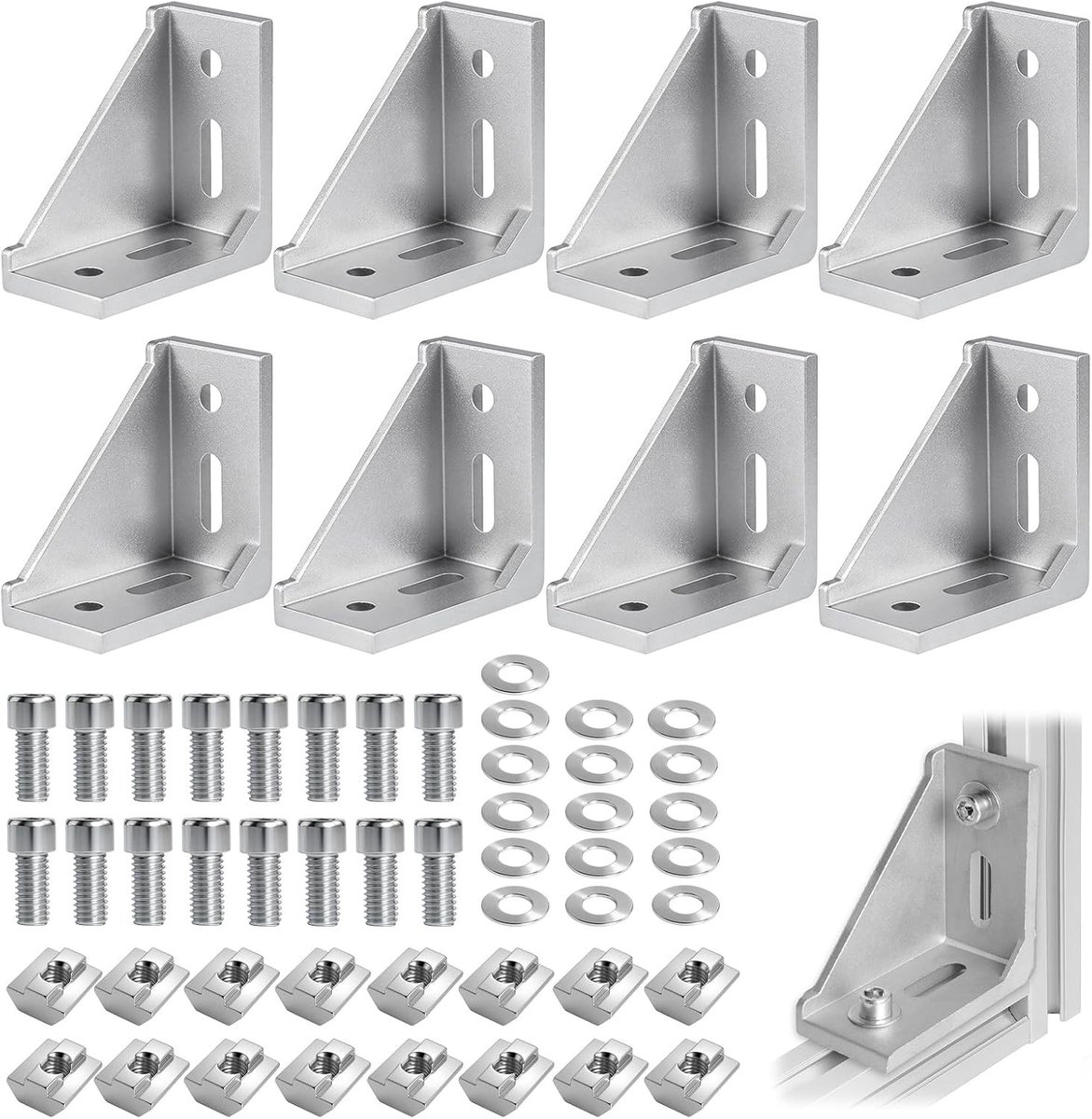 Aluminium hoekbevestigingsmateriaal set van 8, 30 x 60 hoekconnectoren met 16 schuivers voor stevige 90° verbindingen, ideaal voor profielen en constructies