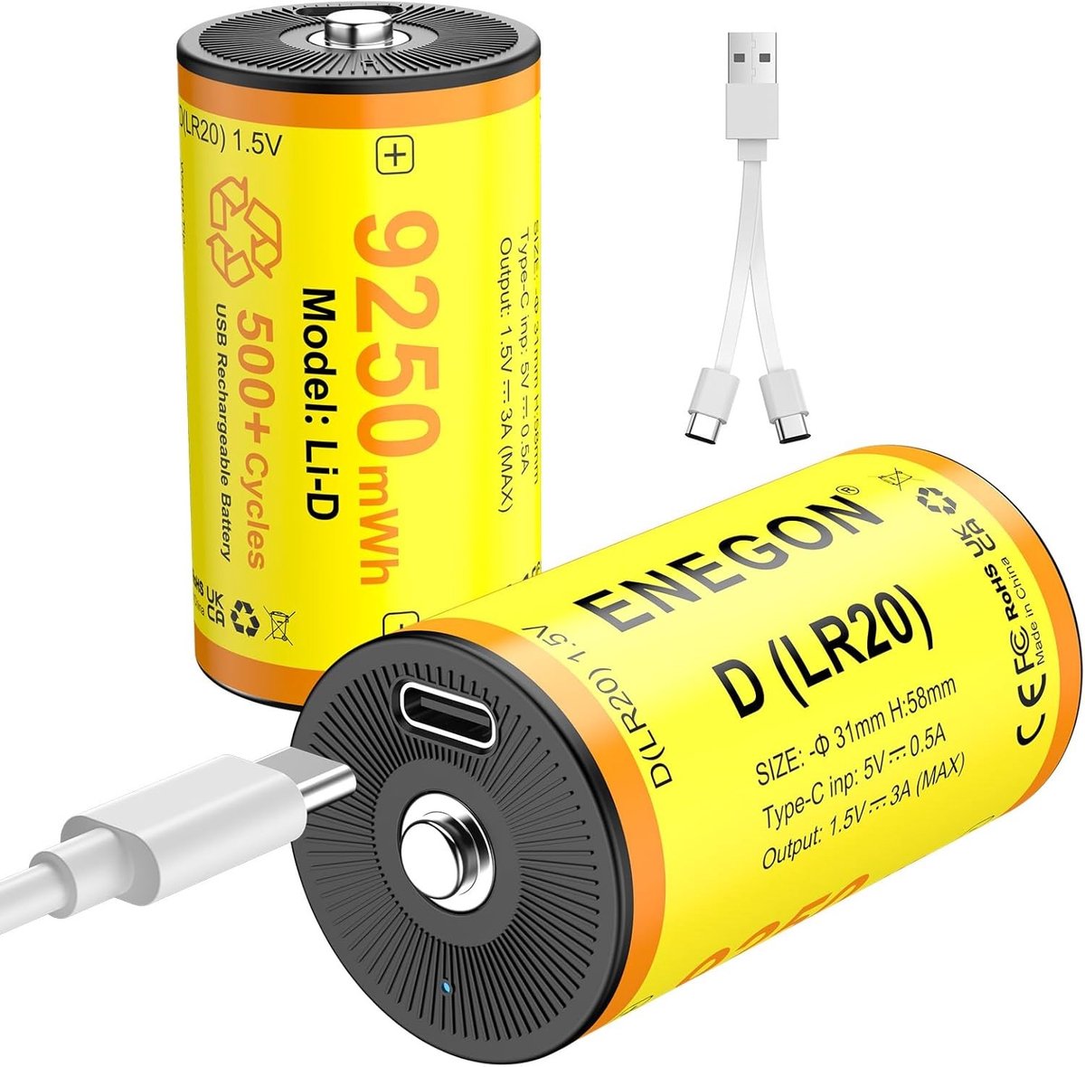 Set van 2 oplaadbare D-batterijen 9250 mWh, 1,5 V, LR20 lithium met USB-C-kabel voor campinglampen, LED-verlichting en noodverlichting