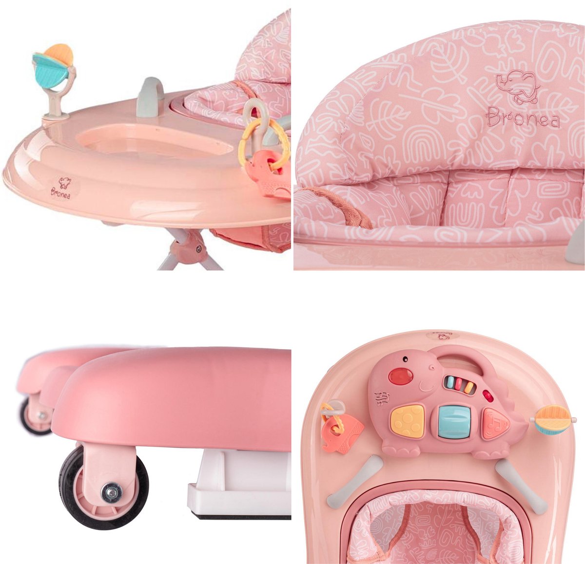 BRONEA® 5-in-1 Loopstoeltje voor baby's | Babywalker met schommelfunctie, muziek & licht | Afneembaar speelpaneel | Loopstoel in hoogte verstelbaar & inklapbaar | Rose – foto 8