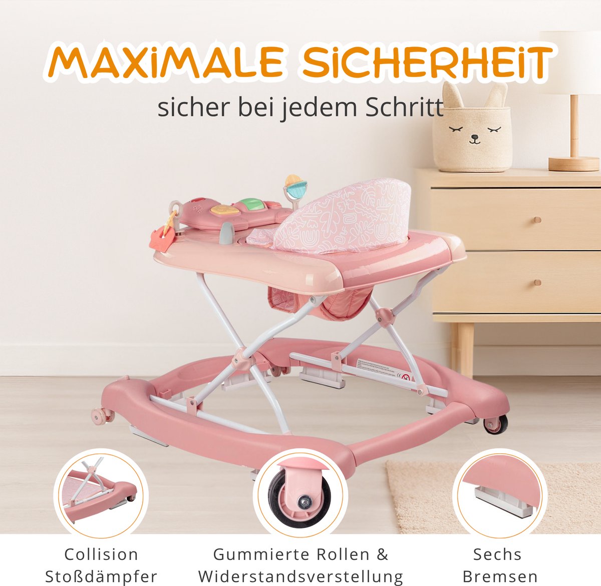BRONEA® 5-in-1 Loopstoeltje voor baby's | Babywalker met schommelfunctie, muziek & licht | Afneembaar speelpaneel | Loopstoel in hoogte verstelbaar & inklapbaar | Rose – foto 3