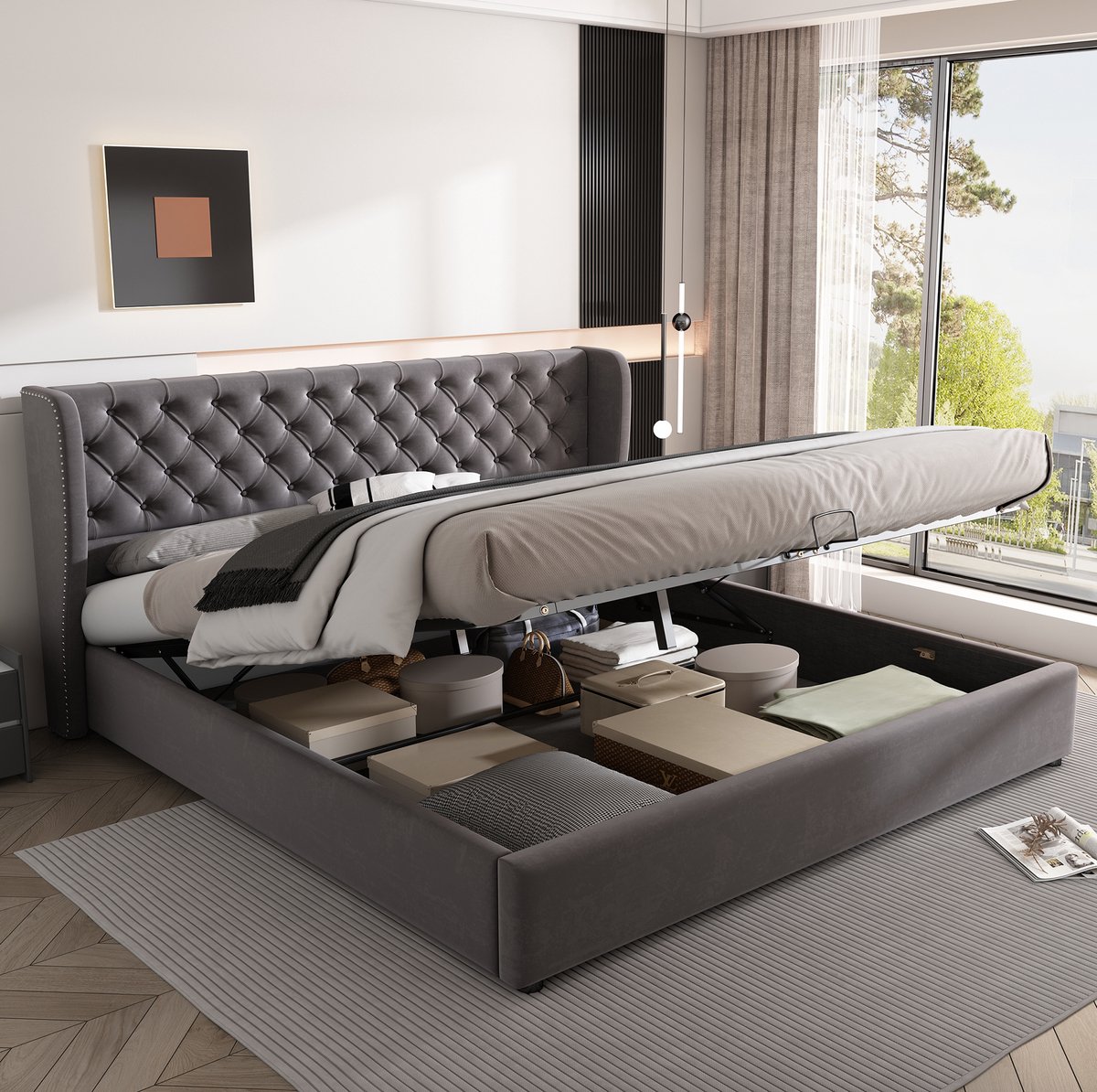 COVREO Bedframe 160x200 cm grijs velours met opbergruimte zonder matras