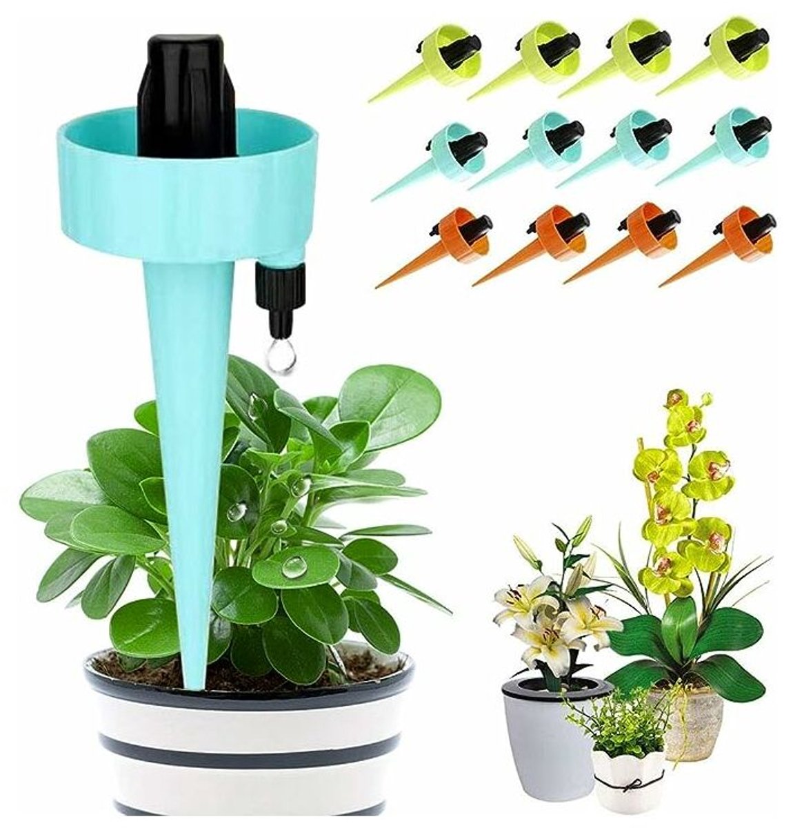 Druppelirrigatieset – Automatische bewateringspinnen met regelbare druppelaars voor flessen; geschikt voor tuinen, balkons, vakanties en gebruik binnen en buiten (12 stuks)