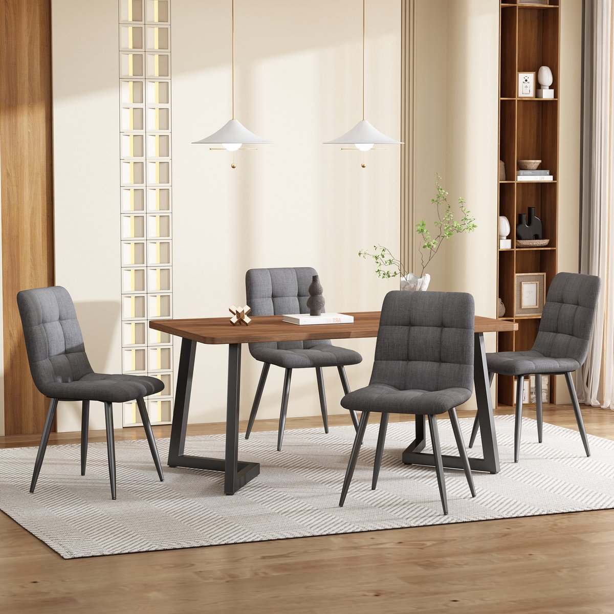 MEUNIQ 5-delige eetkamerset met eettafel en 4 stoelen, 117 x 68 x 75 cm, walnootkleurig MDF tafelblad, zwarte metalen poten, grijze linnen eetkamerstoelen