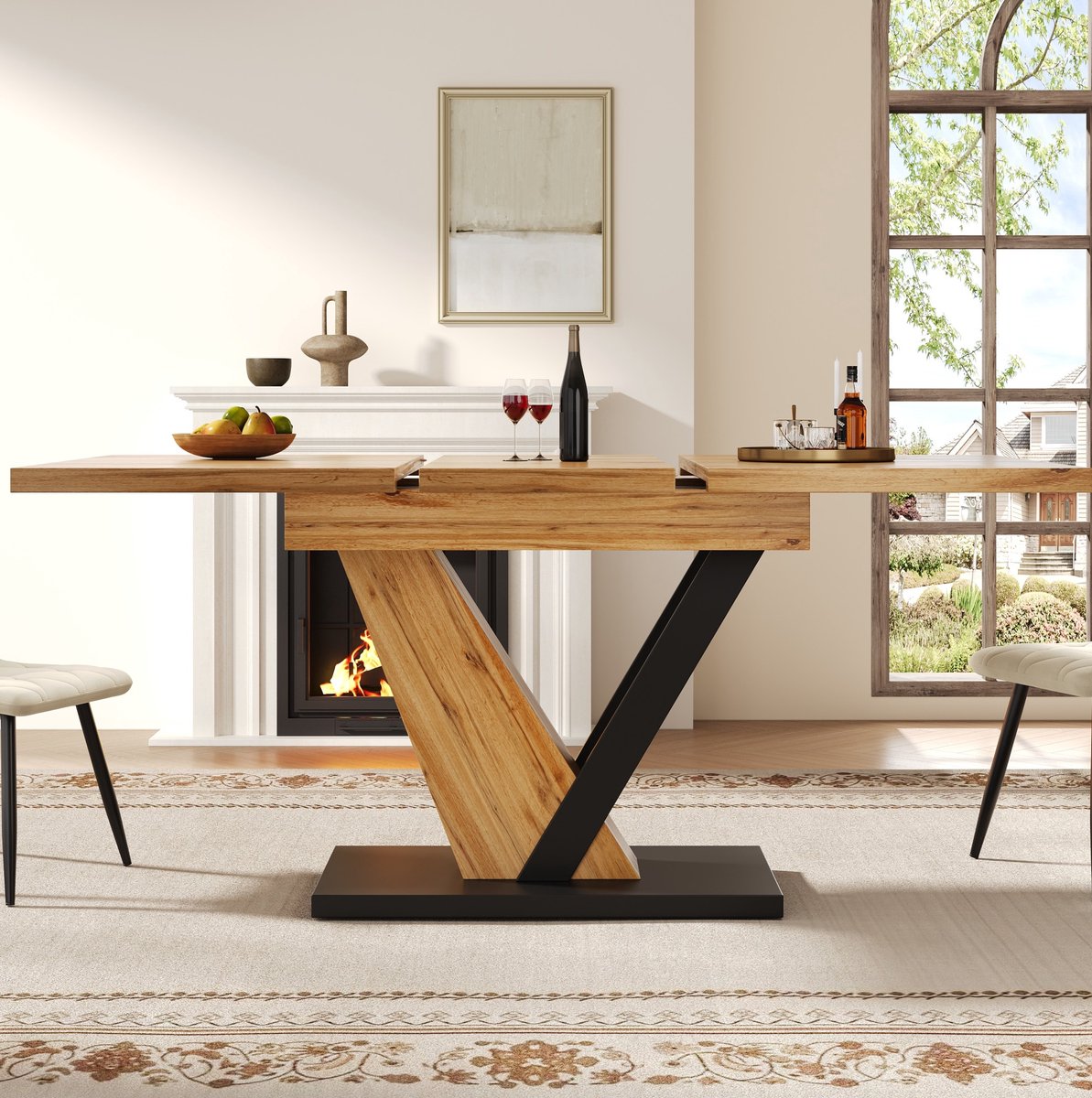 MEUNIQ uitschuifbare eettafel 120 x 75 x 75,5 cm uitschuifbaar tot 160 cm rechthoekige keukentafel voor eetkamer of woonkamer met houtlook blad en metalen onderstel houtkleur