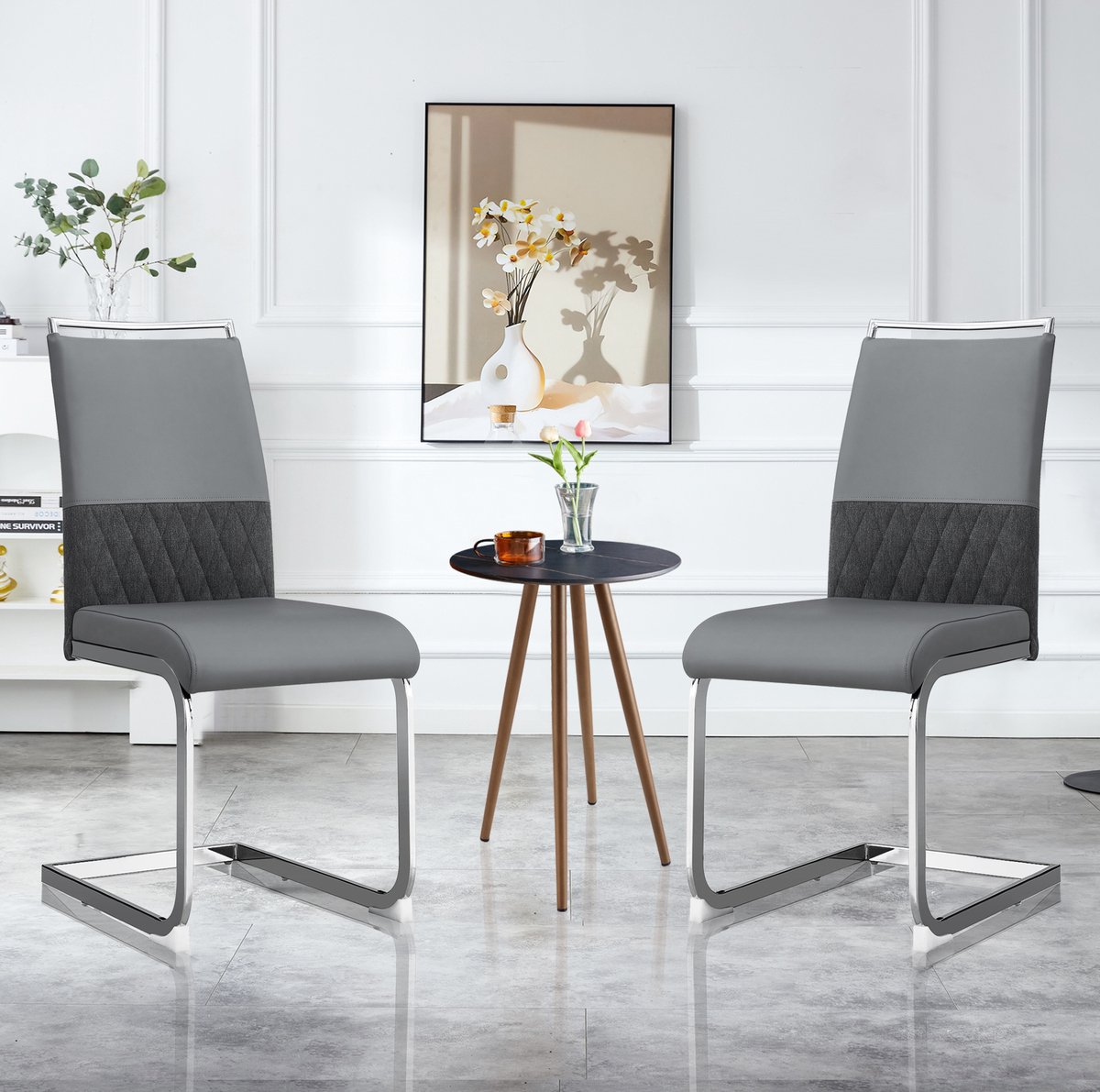 MEUNIQ eetkamerstoelen set van 2 grijs met hoge rugleuning, gewatteerde zitting van kunstleer en linnen, metalen sledevoet, voor eetkamer keuken of kantoor