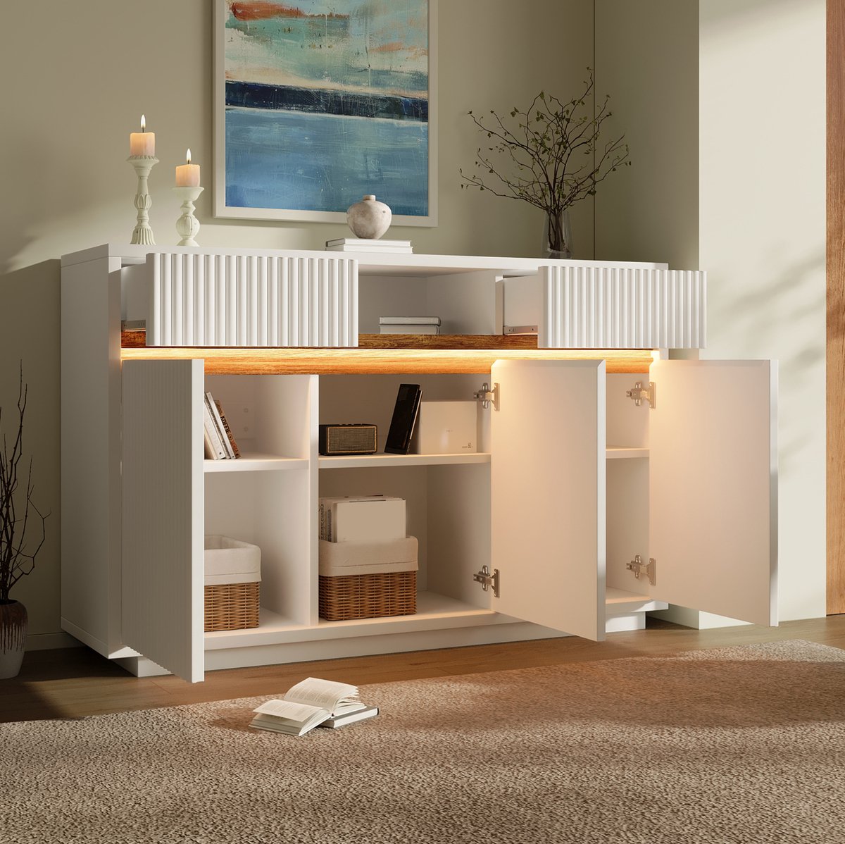 DESMIU Dressoir - Witte Kast Met LED En 2 Laden - 3 Deuren En Verstelbare Planken Voor Woonkamer Of Hal - Hout - 140x40x85 Cm