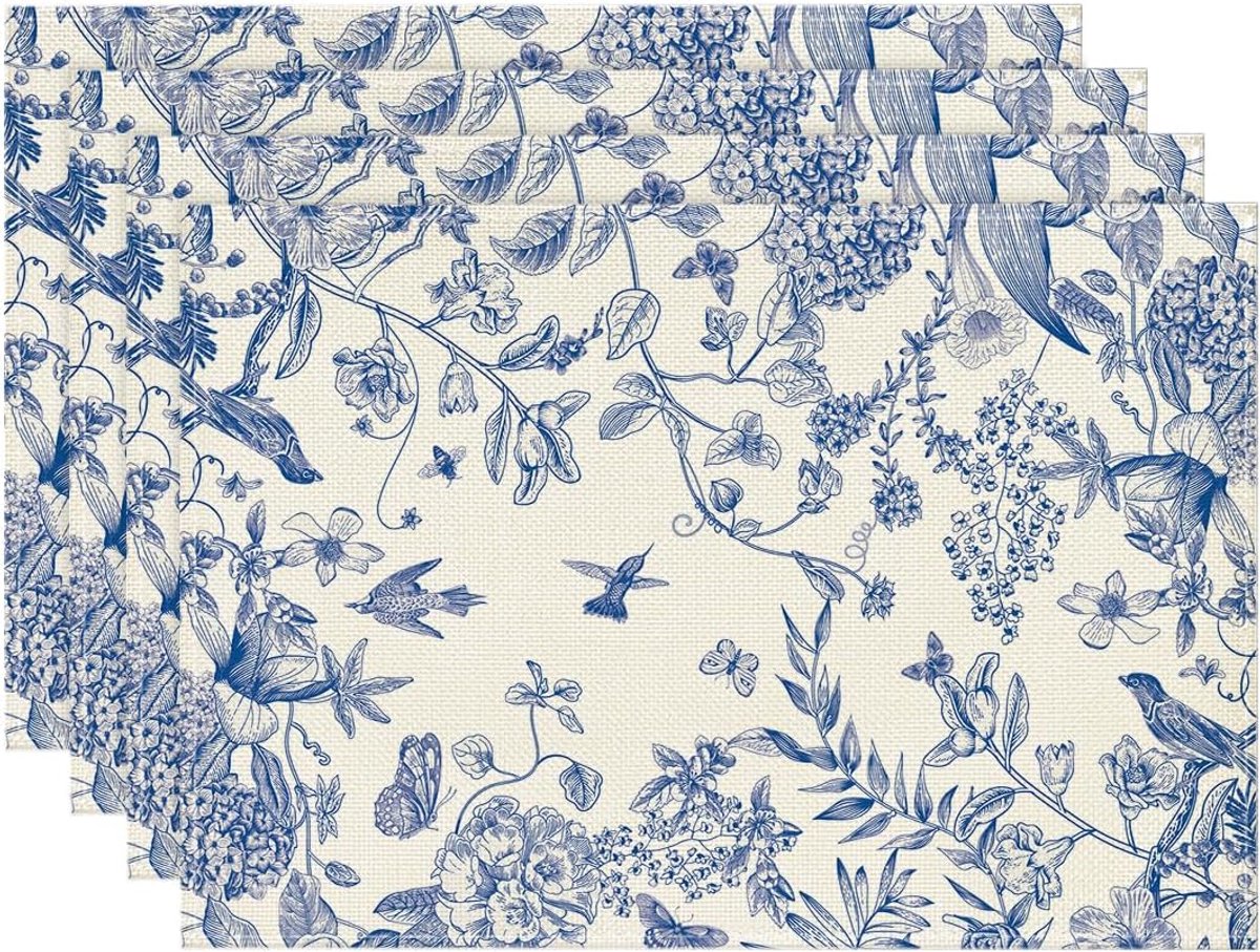 4 placemats met bloemenprint - 30 × 45 cm - Herbruikbaar - Blauwe linnen placemats met bloemenprint - Duurzaam en hittebestendig - Geschikt voor binnen en buiten - Stijlvol en veelzijdig