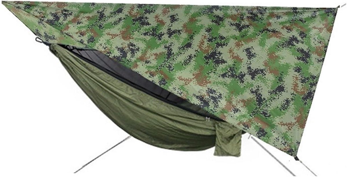 Outdoor Hangmat Set - Kampeerhangmat Nylon Hangmat - Ontspannen Buiten - Inclusief Regen Fly - 290 x 140 cm - Groen