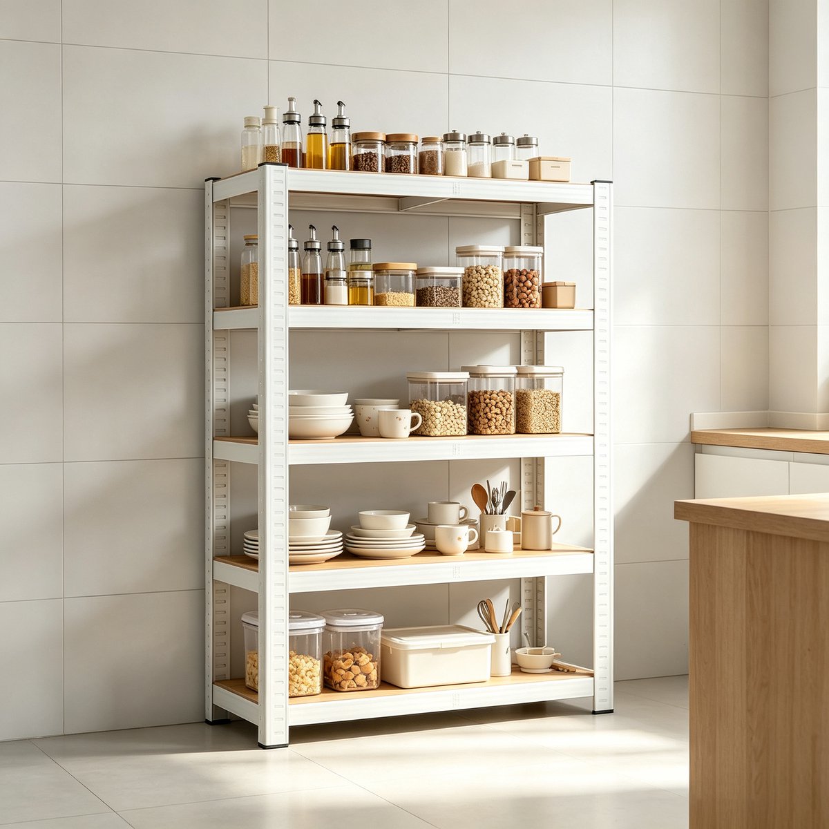 Dit witte verstelbare opbergrek met vijf planken heeft afmetingen van 90 x 40 x 180 cm Dit stevige metalen rek is ideaal voor gebruik in garages keukens voorraadkasten kelders badkamers en andere vergelijkbare ruimtes