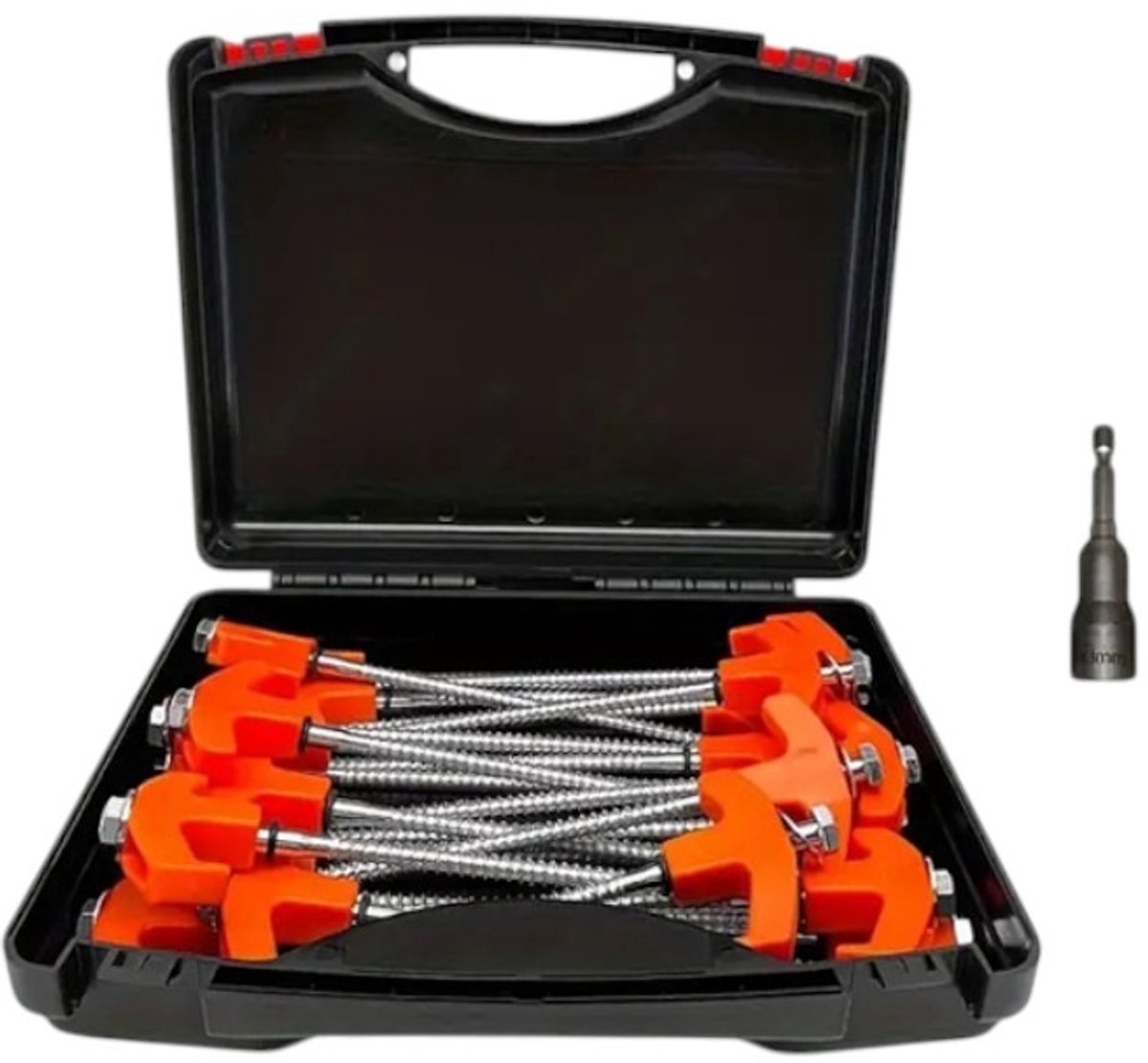 Tentpinnen, 10 stuks, 1 zeskantige dop, 1 zwarte opbergdoos, metalen tentpinnen, geschikt voor kamperen (oranje).