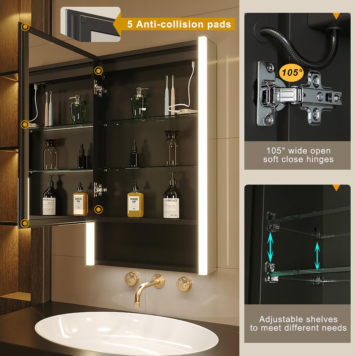 SnelShoppen - Led-verlichte badkamerkast met spiegel 55x80 cm, kleurtemperatuur instelbaar, anti-condens, dimbare lampen en USB stopcontacten