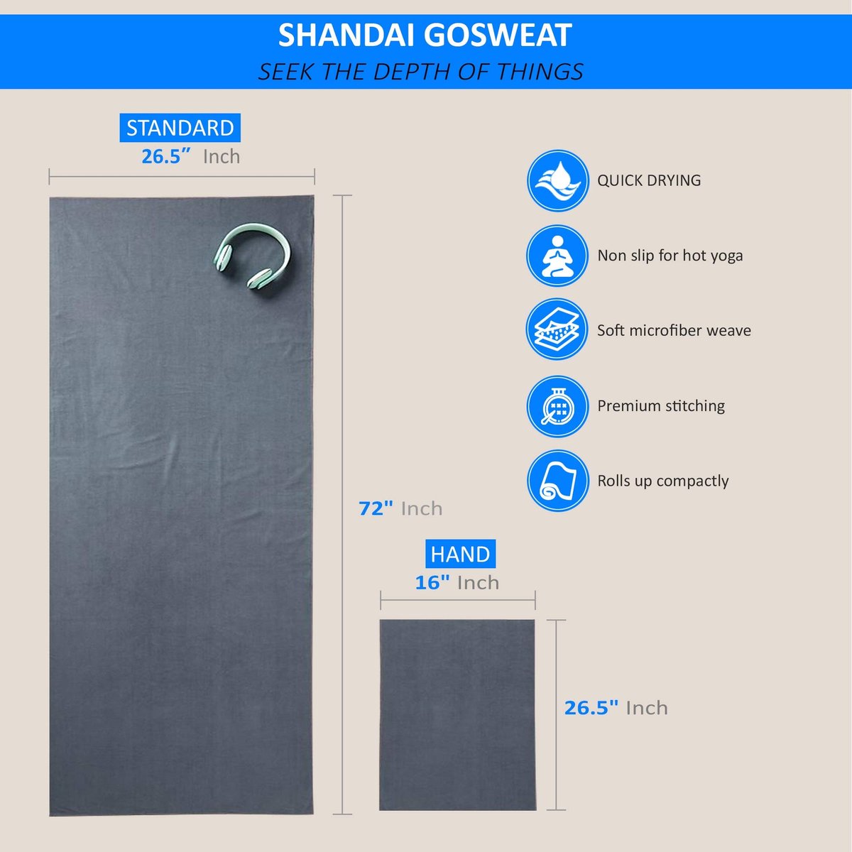 SnelShoppen - Shandali Hot Yoga Handdoek - Suede - 100% Microfiber, Super Absorberend, Yoga Mat Handdoek - 26,5" x 72" - Grijs - Ideaal voor Bikram Yo
