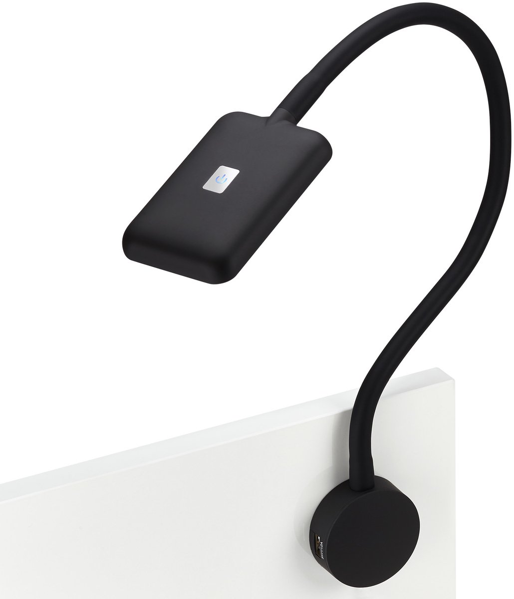 JUNKER Lighting LED Bedlamp / Leeslamp FIORE zwart met buigzame arm, 2x USB aansluitingen en touchsensor