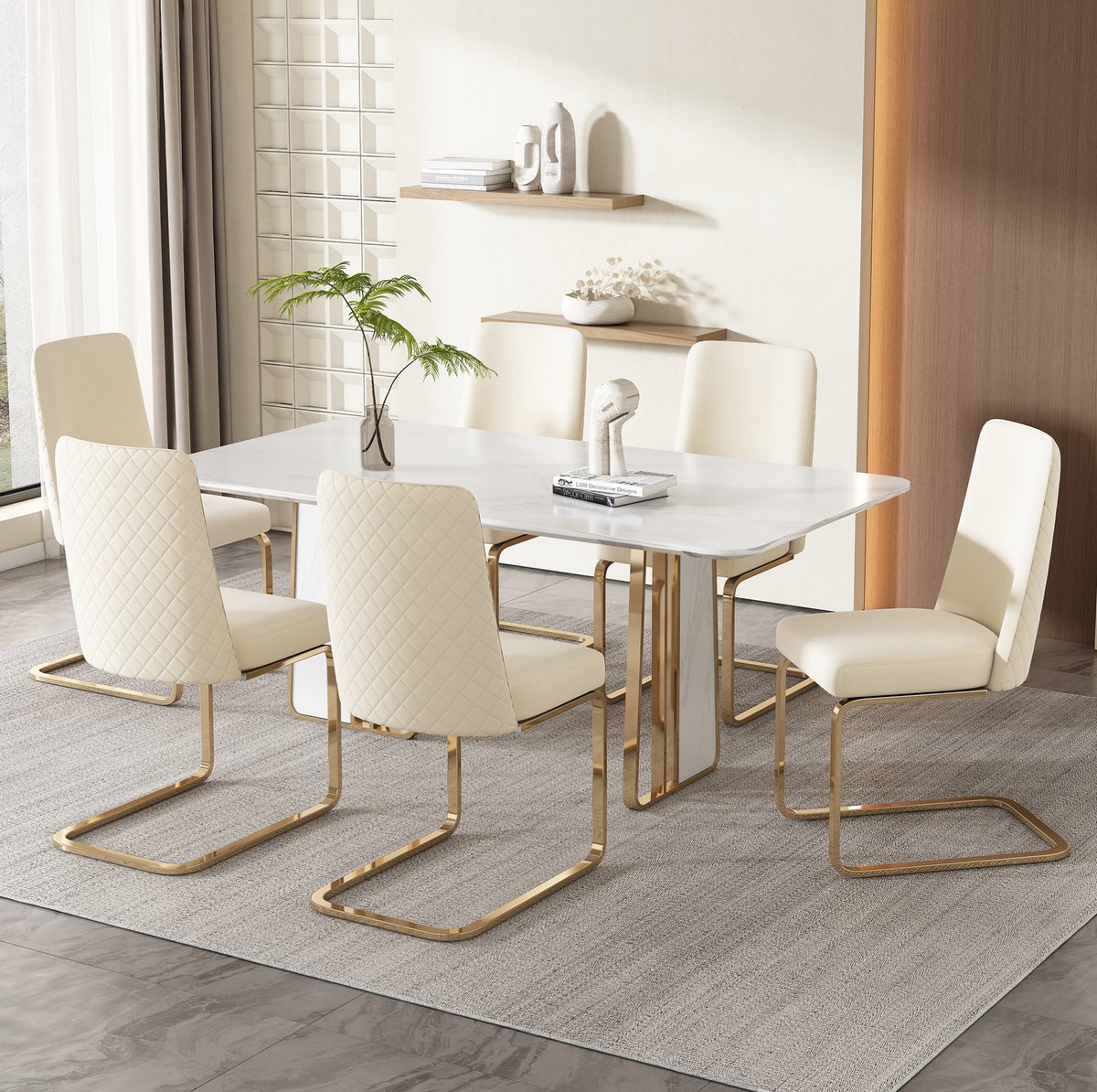MEUNIQ velvet eetkamerstoel set van 6, beige, met metalen onderstel, diamantpatroon in de rugleuning, voor eetkamer en woonkamer
