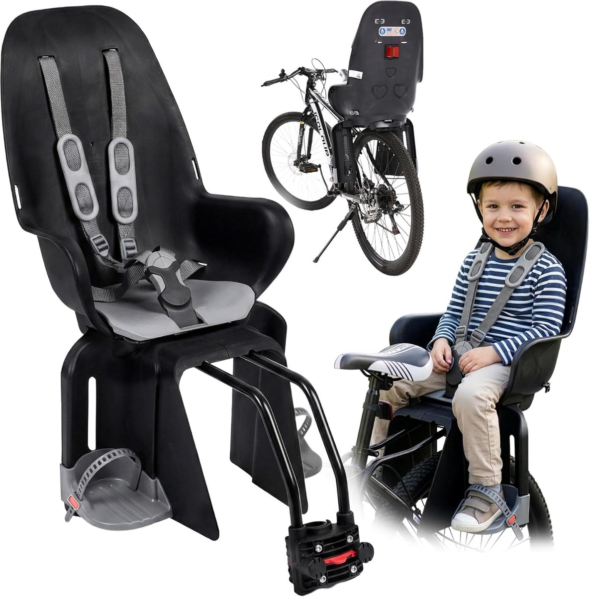SnelShoppen - Kinderfietsstoeltje voor 9 maanden tot 5 jaar, 9-22 kg, Zwart/Grijs, Achterstoeltje, 2-in-1 Bevestiging, TÜV Goedkeuring, Veiligheidsgor
