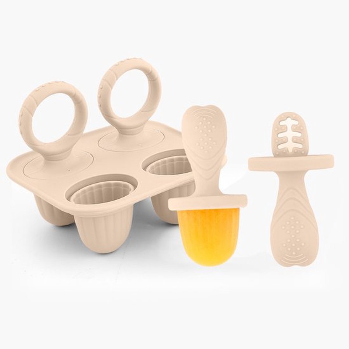Beige siliconen ijsvormpje voor baby's met handvat voor goede grip, 4 vakjes voor bevroren voedsel, geschikt voor peuters, mini-ijsjesmaker voor de voedingsfase, fruitpuree en snacks met moedermelk.