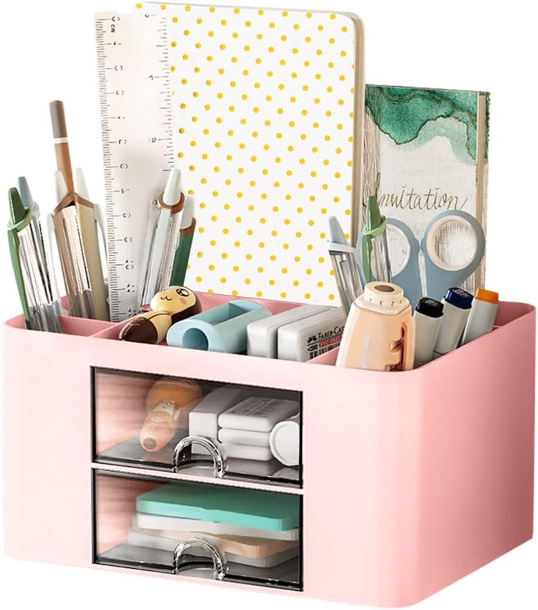 SnelShoppen - Multifunctionele Kids Desk Organiser met 7 Compartimenten en Lade - Kunststof Pennenhouder voor Thuis, Kantoor en School - Perfect Cadea