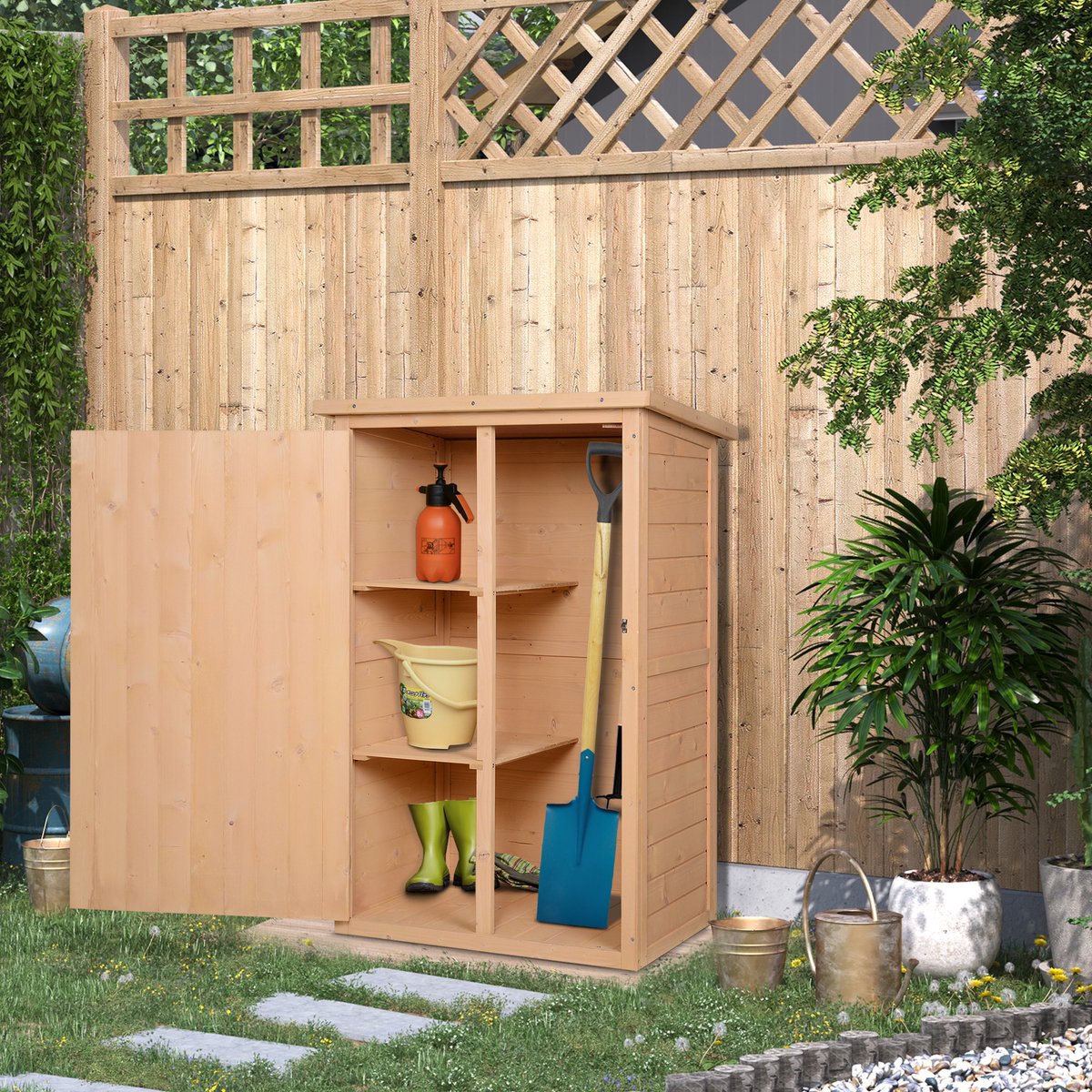 TRUVIX Houten Tuinhuis 75x56x115 cm - Naturel - Planken, Opbergruimte, Afsluitbaar, Dakconstructie