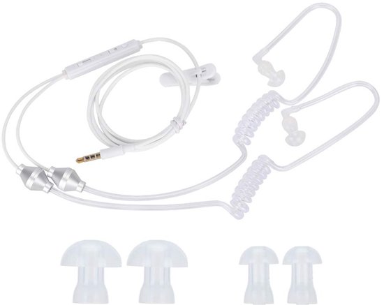 Witte oortelefoon met microfoon, 3,5 mm plug, luchtakoestische buis en extra oordopjes.