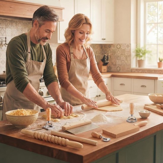 7-delige pastamachine - Wooden Gnocchi Pasta Shelf - Home Pasta Machine - ravioli snijder -ravioli set 3 stuks rond -vierkant stempels en snijder -gemaakt van hout en metaal — afbeelding 4