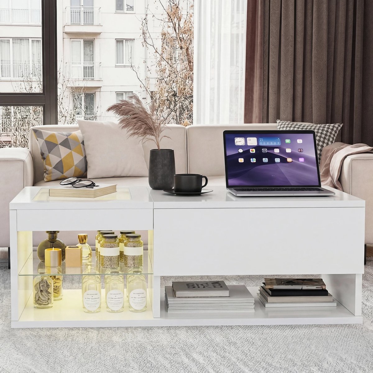 Parasha Nova Salontafel - wit- salontafel in hoogte verstelbaar met opbergruimte, led-verlichting - moderne hoogglans tafel voor woonkamer, 100x55x35cm