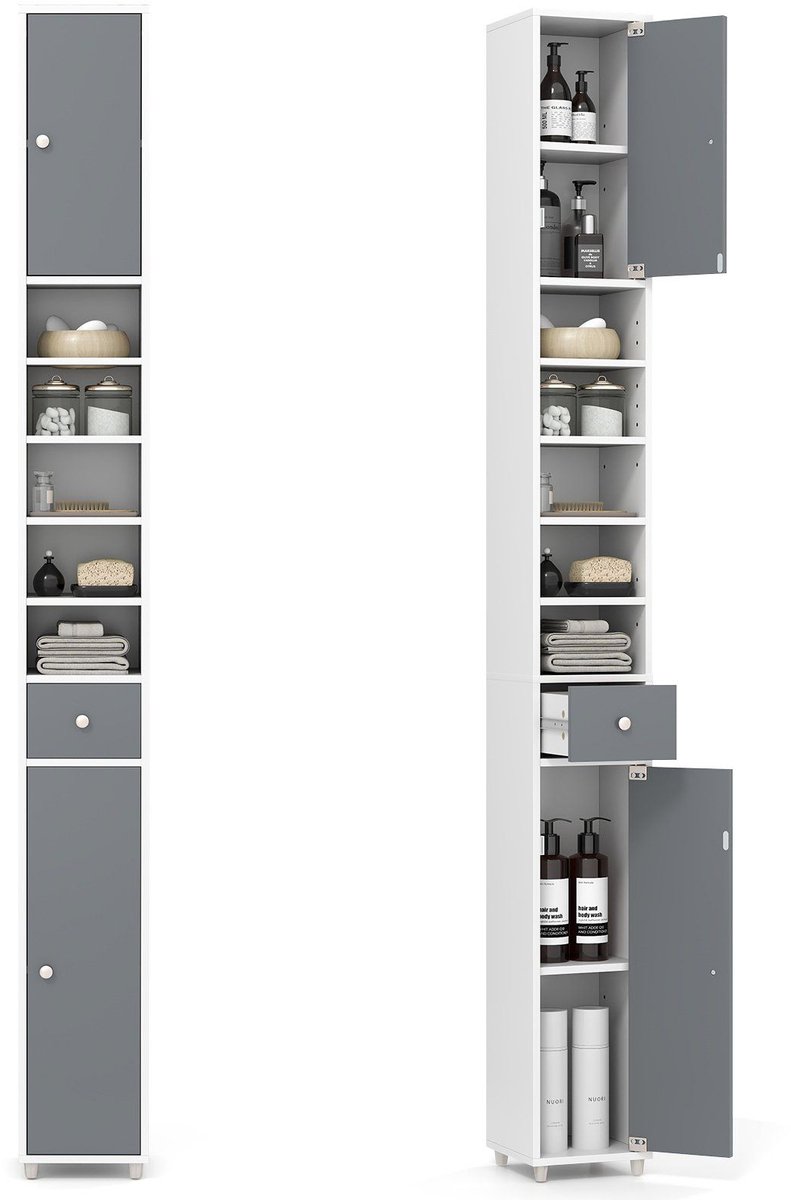 SureDeal® - Badkamerkast - Hoge Smalle Kast - Deuren Lade - Verstelbare Planken Ruimtebesp