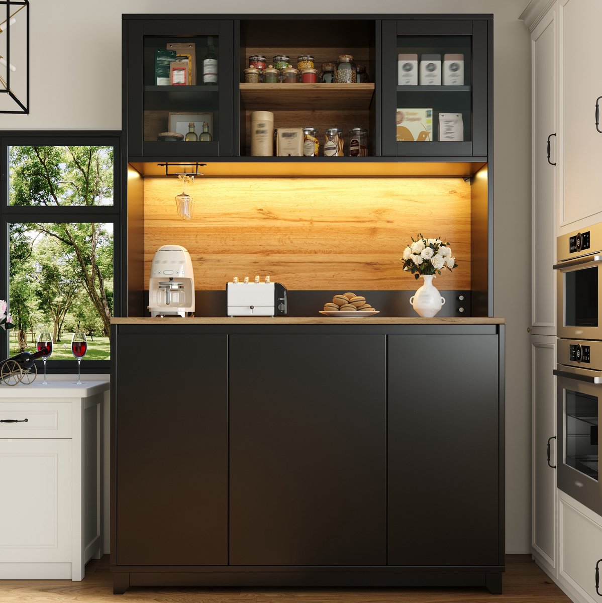 COVREO Keukenkast 120x40x180 cm - sideboard met acryldeuren, LED-verlichting, zwart