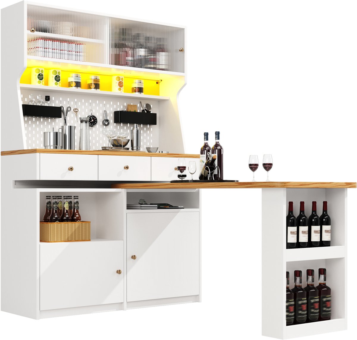 COVREO Keukenkast 137 x 45 x 178 cm - wit, met uitschuifbaar blad en LED-verlichting