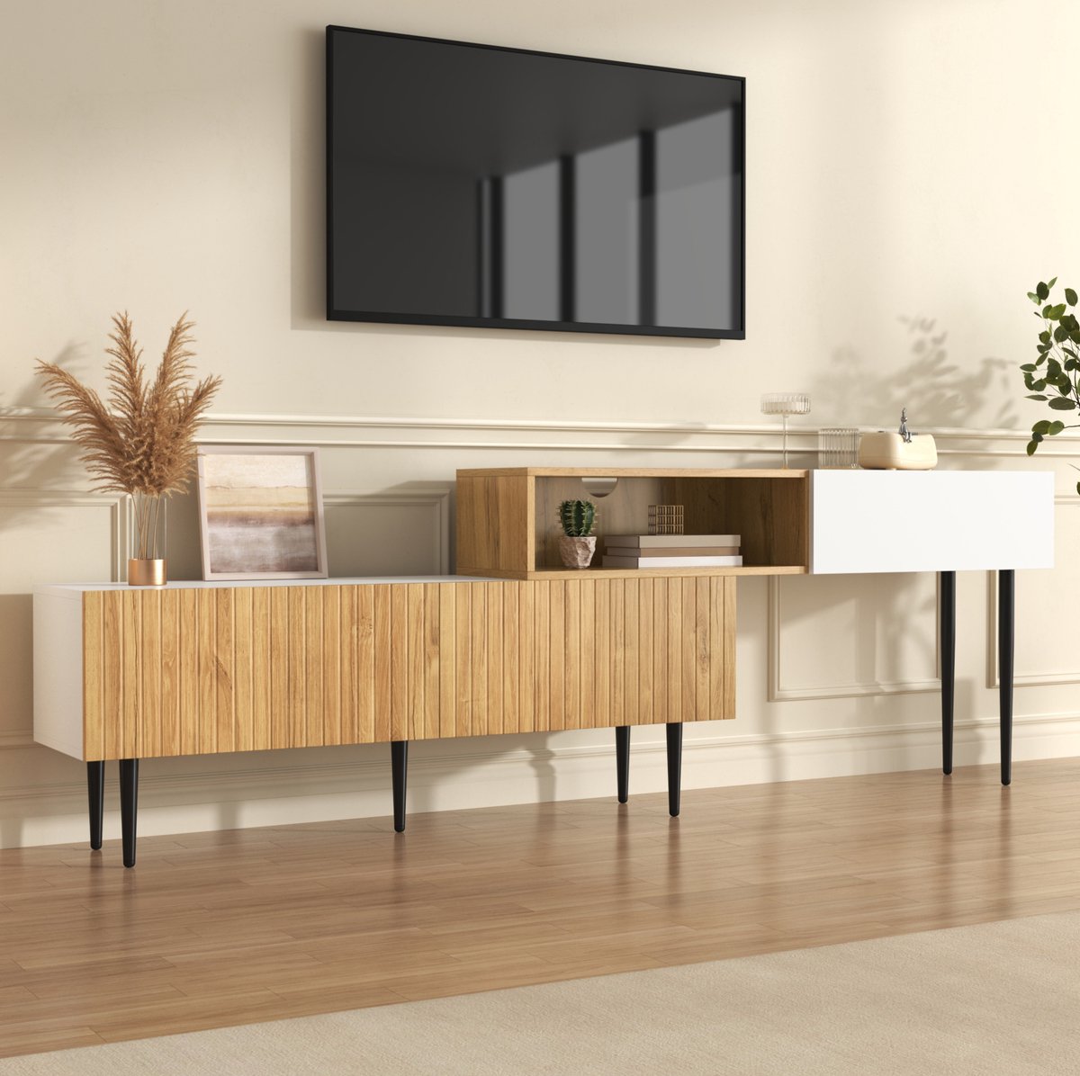 COVREO TV-meubel 130-220 x 30 x 63,5 cm - modulair 2-delig, wit en houtlook
