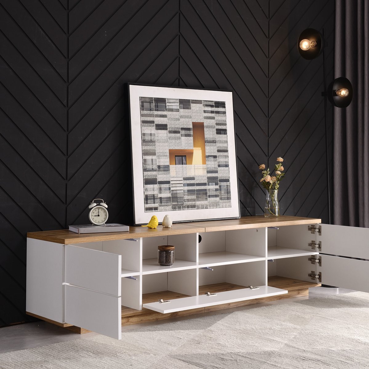 COVREO TV meubel 180 x 38 x 46 cm - wit en houtkleur, 5 deuren, 2 open vakken
