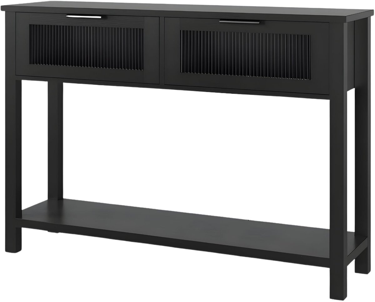Consoletafel 2-Laags - Met Glazen Laden en Open Opbergplank - voor woonkamer en hal - Zwart - Naturel