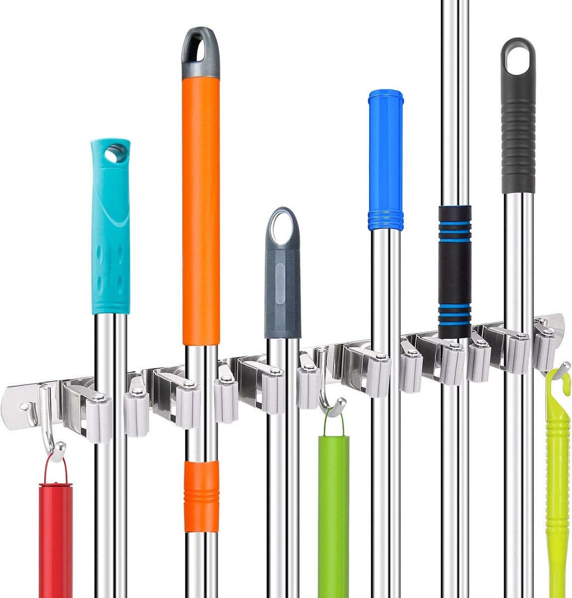 Thijox - Hejo Bezemhouder Wandmontage - Stevige Dweilhouder met 6 Rekken en 3 Haken - Ideaal voor Badkamer, Keuken, Garage - Tuingereedschap Organizer