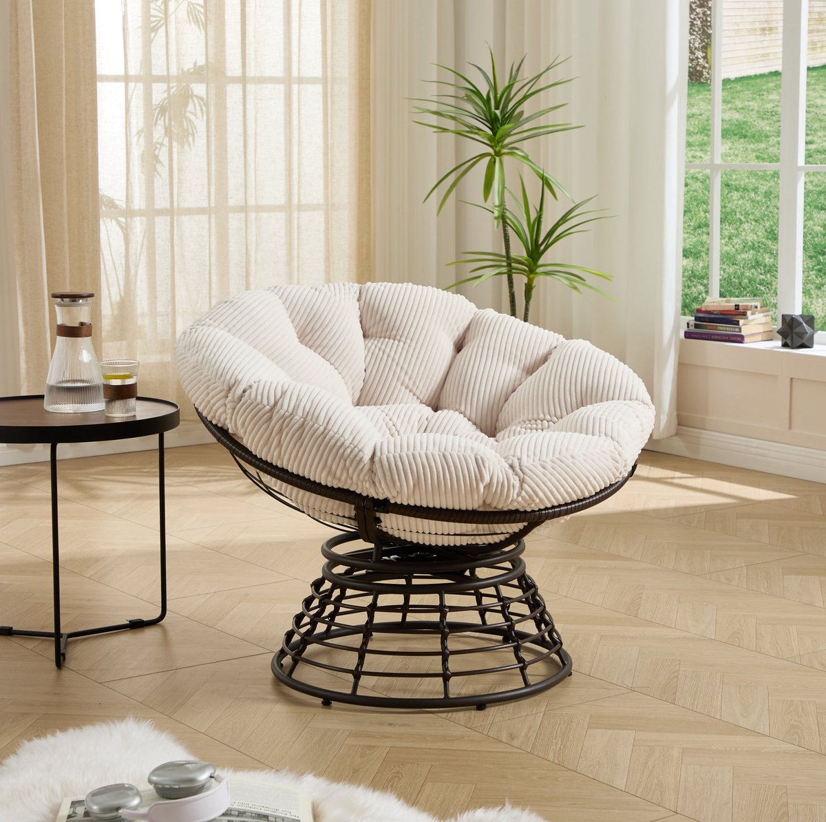 STILVORA Fauteuil 92 x 67 Cm - Papasan Met 360 Graden Draaifunctie En Dik Kussen - Voor Woonkamer Slaapkamer En Leeshoek - Rotan En Staal - Wit