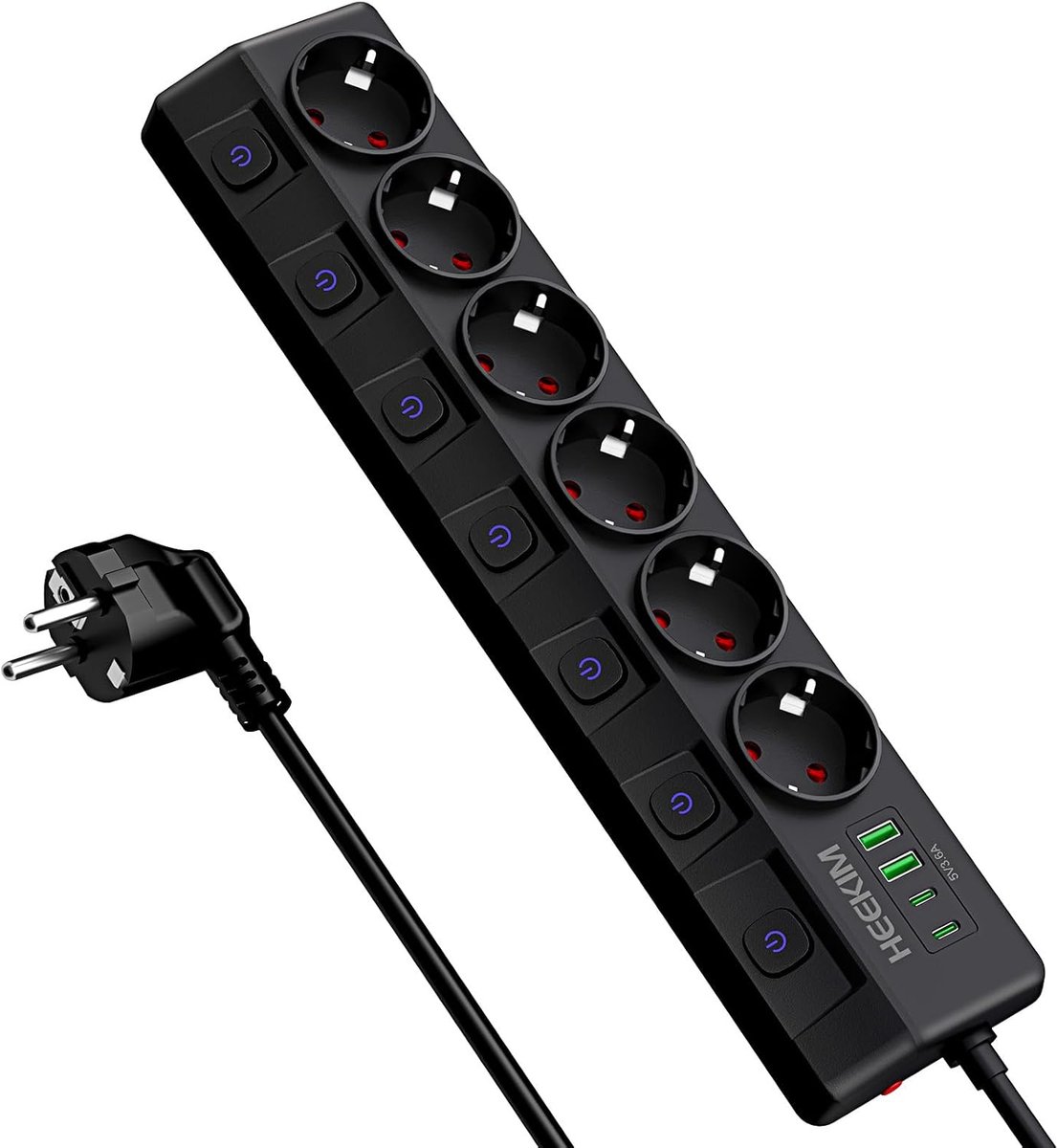 Thijox - Stekkerdoos met 6 Stopcontacten en 14 USB Poorten (3 USB-A + 1 USB-C PD 20W) - Wandmontage, 2m Kabel, Zwart - Ideaal voor Thuis en Kantoor