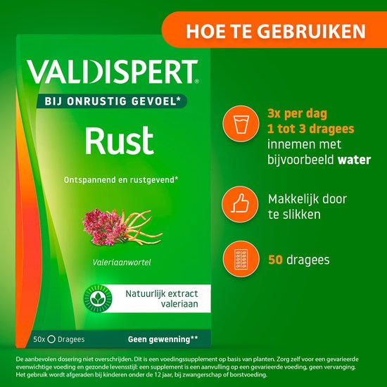 Verpakking van Valdispert Rust met valeriaanwortel, 50 dragees. Instructies: 3x per dag, makkelijk door te slikken, geen gewenning.