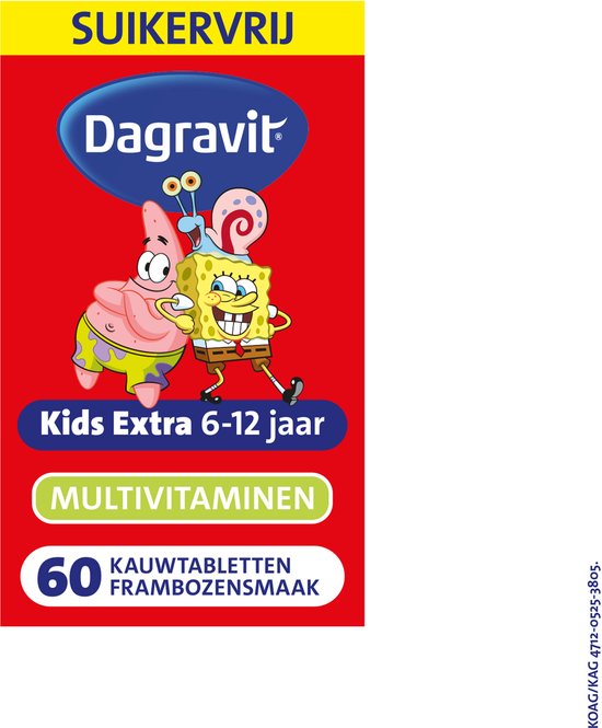 Dagravit Kids Extra 6-12 jaar Multivitaminen met Spongebob en Patrick. Frambozensmaak, 60 kauwtabletten. Suikervrij.
