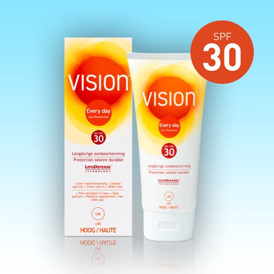 Verpakking en tube Vision Every Day Sun Protection SPF 30 met oranje cirkels en logo 'vision'.