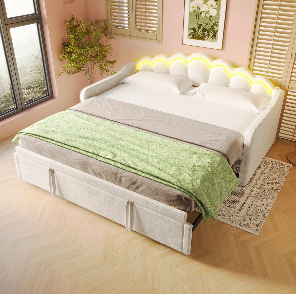 OKWISH Slaapbank 90x200 cm - Uitschuifbaar Tot 180x200 cm - Met Ledverlichting - Zonder Opbergruimte - Voor Slaapkamer Of Logeerkamer - Fluweel En MDF - Beige - Zonder matras