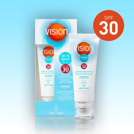 Vision Ski & Sport SPF 30 tube en verpakking. Langdurige zonbescherming. Bescherming solaire durable.