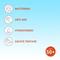 Vier iconen met tekst: gematteerd, anti-aging, hydraterend, zachte textuur. Oranje cirkel met SPF 50+.