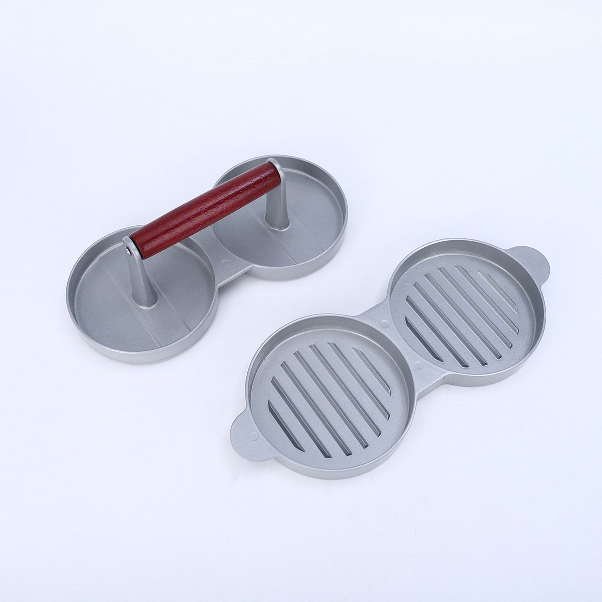 Hamburgerpers - dubbel 2x4,4 inch aluminium anti-aanbak oppervlak houten handvat barbecue kampeer picknick handmatig vleesvormgereedschap
