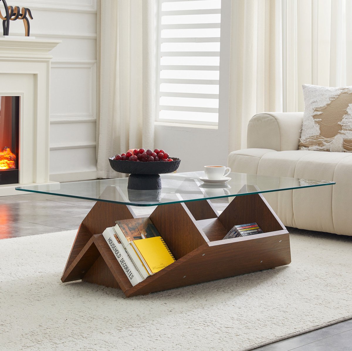 OKWISH Salontafel - Gehard Glazen Tafelblad Met Open Opbergvakken - Voor Woonkamer Of Kantoor - MDF Walnootkleur - 103x63x33,5 cm