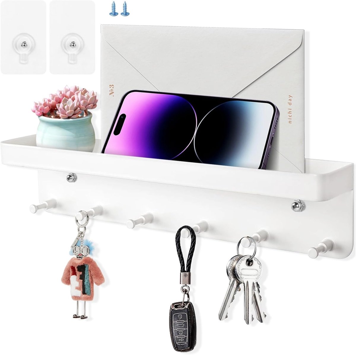SnelShoppen - Sleutelhanger met Plank Wit - RVS Sleutelkastje met 6 Haakjes - Zelfklevende Sleutelhouder voor Hal, Entree, Opslag - Duurzaam en Modern